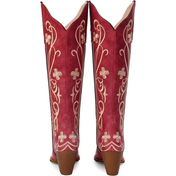 Women's Knee High Heel Floral Embroidered Red Classic Design Western Boots - Picture 8 of 8